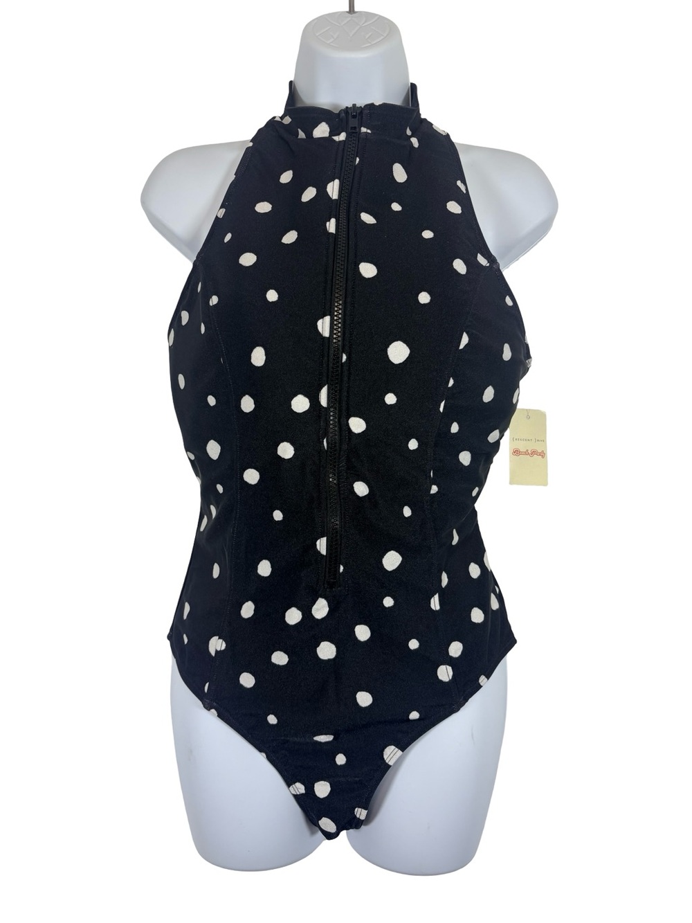 Crescent Drive Polka Dot One Piece Half Zip Swimsuit High Neck Racerback SzL NWT